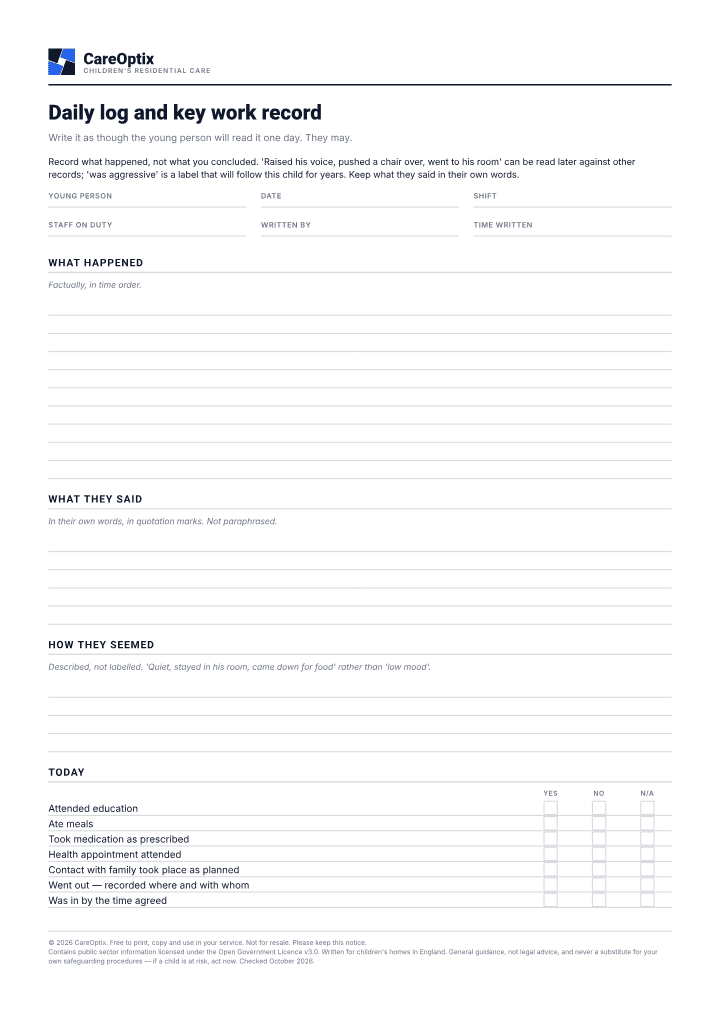 First page of the Daily log and key work record PDF