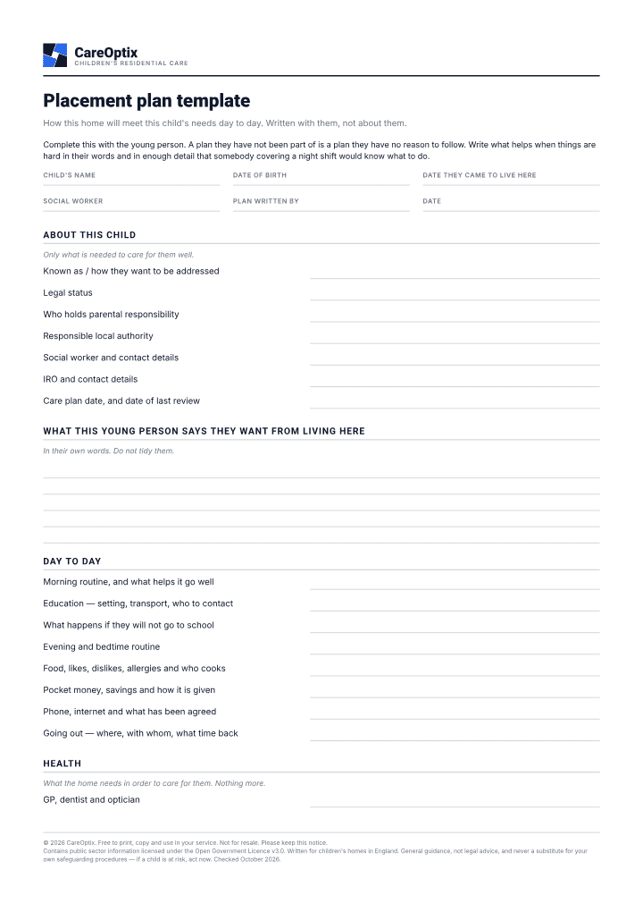 First page of the Placement plan template PDF