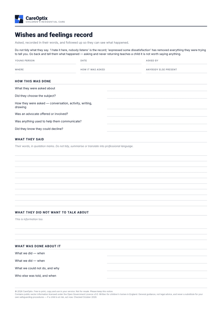 First page of the Wishes and feelings record PDF